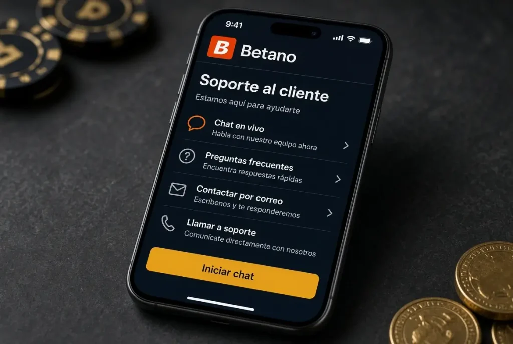 Teléfono con página de servicio de atención al cliente en Betano app